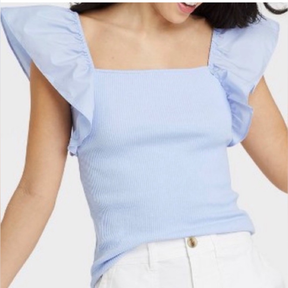 A New Day Light Blue Ribbed Sleeveless Top w/ Ruffle‑Cap Detail- XL